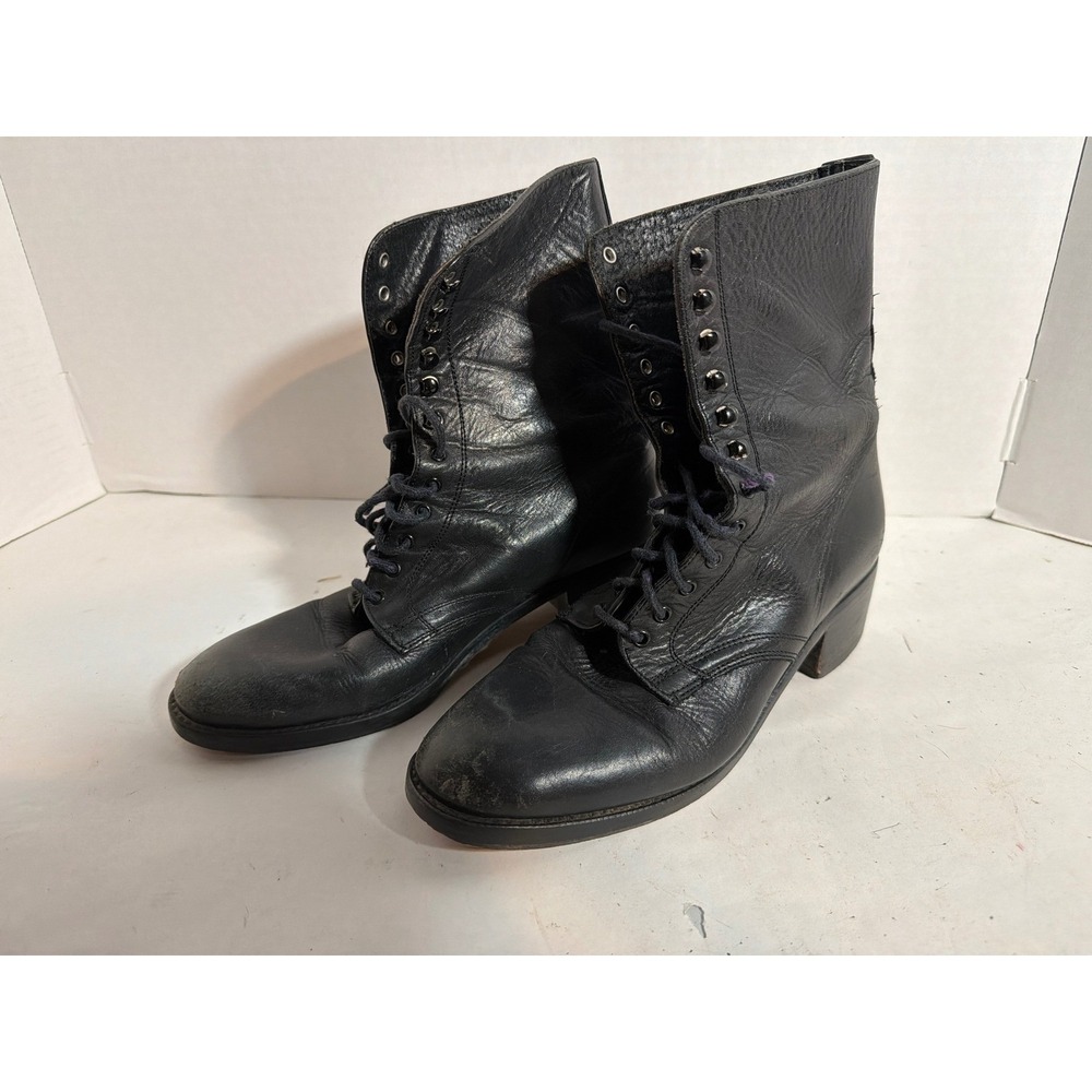 Charles David Womens Black Leather Lace Up Combat Boots Made in Spain Size 7
